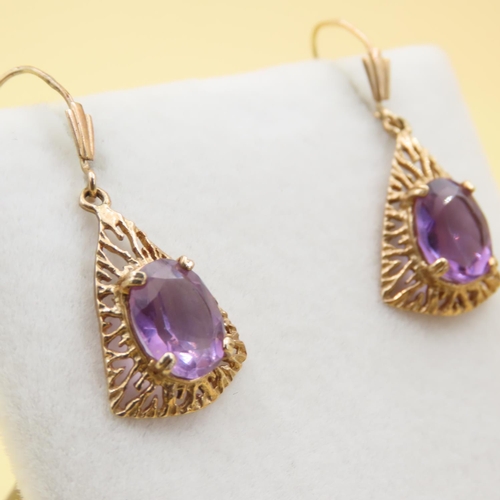 413 - Pair of Amethyst Drop Earrings Mounted on 9 Carat Yellow Gold Attractively Detailed Each 3cm Drop