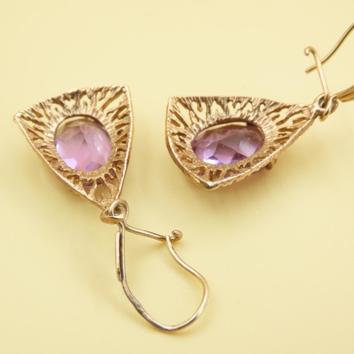 413 - Pair of Amethyst Drop Earrings Mounted on 9 Carat Yellow Gold Attractively Detailed Each 3cm Drop