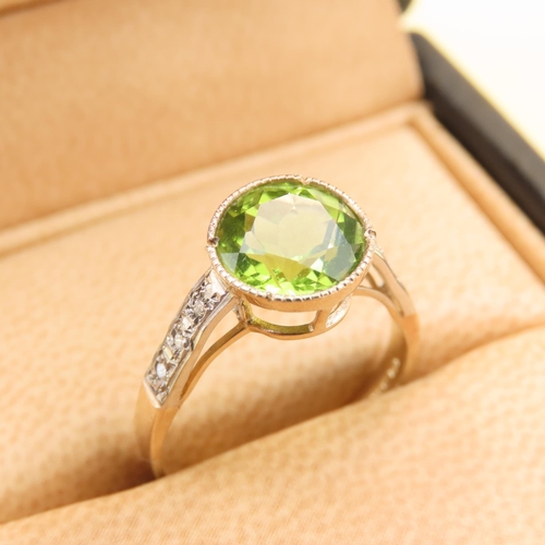 416 - Peridot and Diamond Set Ladies Ring Mounted on 9 Carat Yellow Gold Band Attractively Detailed Ring S... 