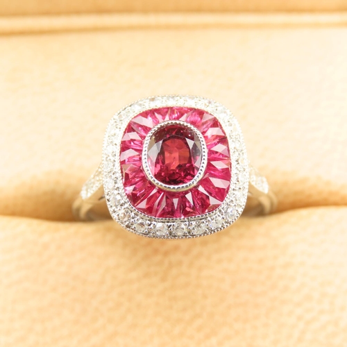 423 - Ruby and Diamond Panel Set Ladies Ring Mounted on Platinum Band Size M and a Half