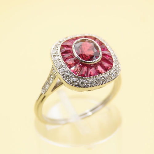 423 - Ruby and Diamond Panel Set Ladies Ring Mounted on Platinum Band Size M and a Half