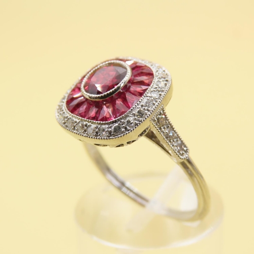 423 - Ruby and Diamond Panel Set Ladies Ring Mounted on Platinum Band Size M and a Half