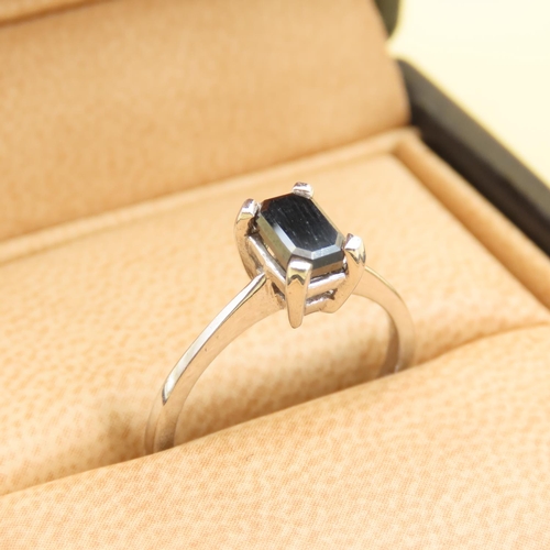 Black Diamond Emerald Cut Solitaire Ring 1 Carat Mounted on 9 Carat White Gold Band Size M