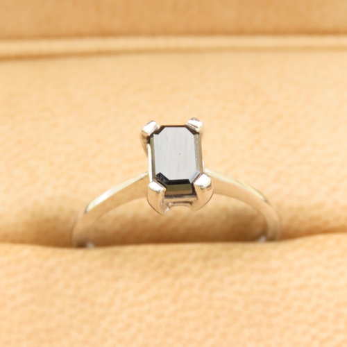 437 - Black Diamond Emerald Cut Solitaire Ring 1 Carat Mounted on 9 Carat White Gold Band Size M