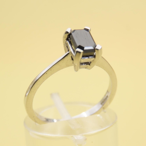 437 - Black Diamond Emerald Cut Solitaire Ring 1 Carat Mounted on 9 Carat White Gold Band Size M