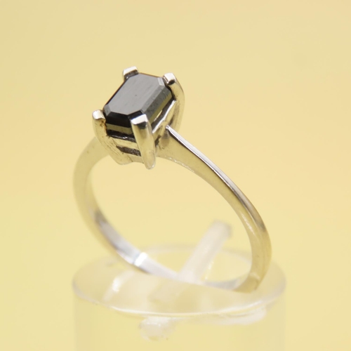 437 - Black Diamond Emerald Cut Solitaire Ring 1 Carat Mounted on 9 Carat White Gold Band Size M