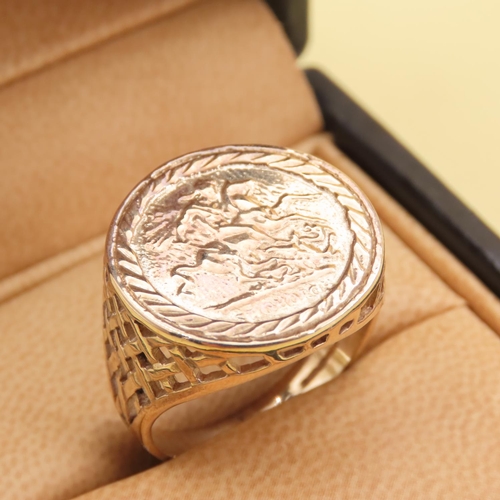 441 - George and the Dragon Full Gold Sovereign Motif 9 Carat Yellow Gold Set Ring Size R