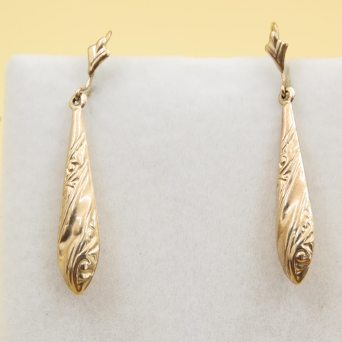 445 - Pair of 9 Carat Yellow Gold Drop Earrings Incised Decoration Each 4cm Drop