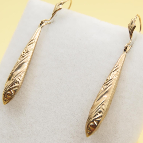 445 - Pair of 9 Carat Yellow Gold Drop Earrings Incised Decoration Each 4cm Drop