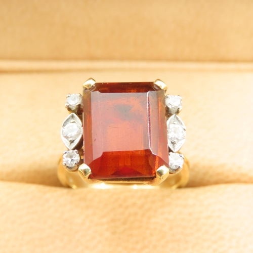 448 - Fire Citrine Cushion Cut with Diamonds to Either Side Mounted on 18 Carat Yellow Gold Band Four Claw... 