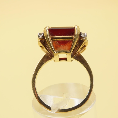 448 - Fire Citrine Cushion Cut with Diamonds to Either Side Mounted on 18 Carat Yellow Gold Band Four Claw... 