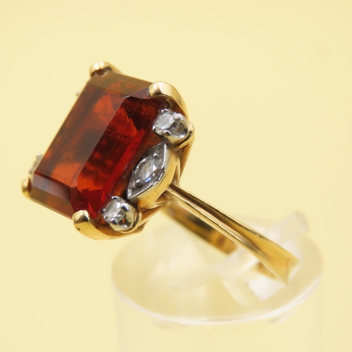 448 - Fire Citrine Cushion Cut with Diamonds to Either Side Mounted on 18 Carat Yellow Gold Band Four Claw... 