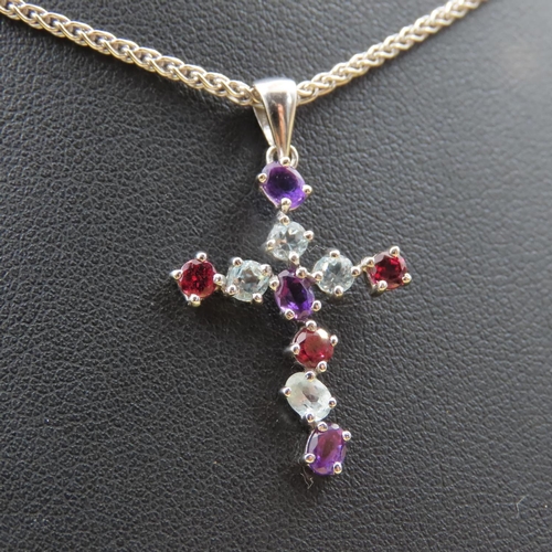 453 - Ruby Amethyst and Aquamarine Set 9 Carat Gold Crucifix Motif Pendant 4cm High Approximately Mounted ... 