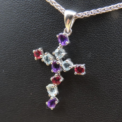 453 - Ruby Amethyst and Aquamarine Set 9 Carat Gold Crucifix Motif Pendant 4cm High Approximately Mounted ... 