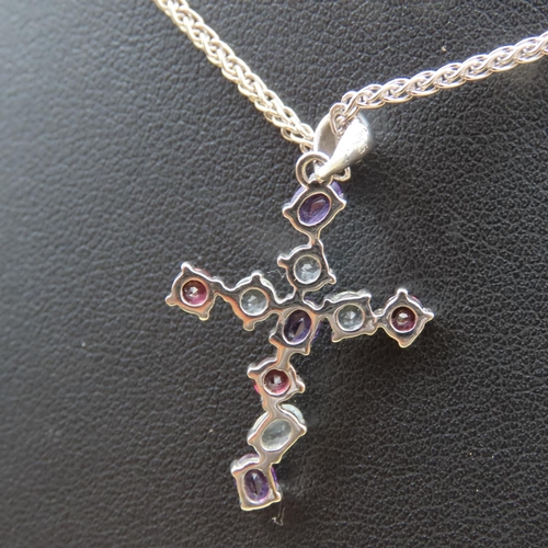 453 - Ruby Amethyst and Aquamarine Set 9 Carat Gold Crucifix Motif Pendant 4cm High Approximately Mounted ... 