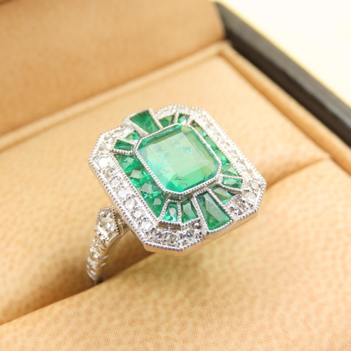 459 - Emerald and Diamond Platinum Set Ladies Ring Mounted on Platinum Band Size N Central Emerald of Fine... 