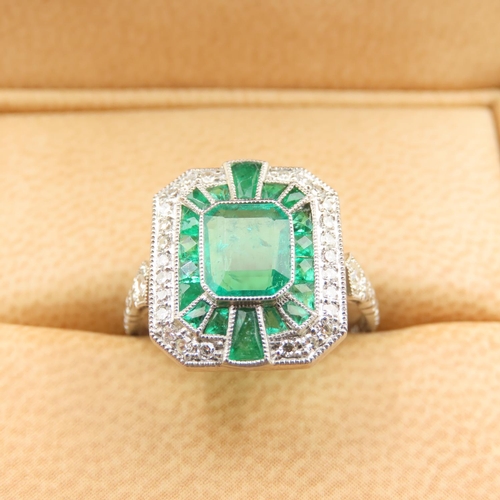 459 - Emerald and Diamond Platinum Set Ladies Ring Mounted on Platinum Band Size N Central Emerald of Fine... 