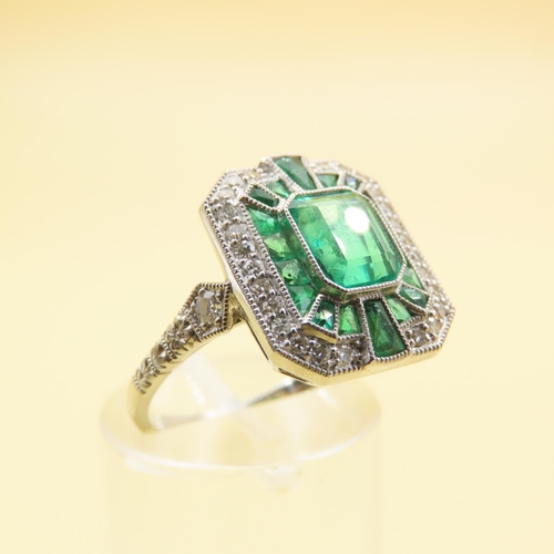 459 - Emerald and Diamond Platinum Set Ladies Ring Mounted on Platinum Band Size N Central Emerald of Fine... 