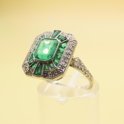 459 - Emerald and Diamond Platinum Set Ladies Ring Mounted on Platinum Band Size N Central Emerald of Fine... 