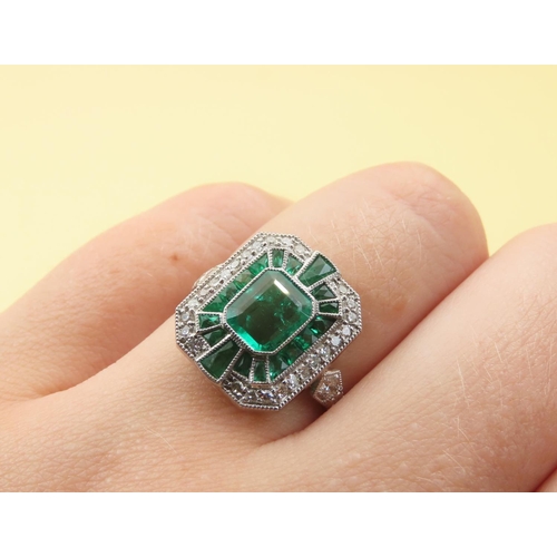 459 - Emerald and Diamond Platinum Set Ladies Ring Mounted on Platinum Band Size N Central Emerald of Fine... 