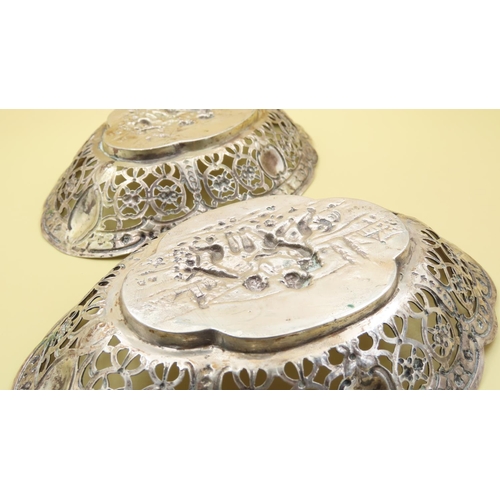 465 - Pair of Silver Strawberry Dishes Attractively Detailed Each 17cm Long and 13cm Wide