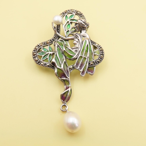 475 - Art Nouveau Style Plique Enamel and Pearl Set Silver Fairy Brooch or Pendant 6cm High