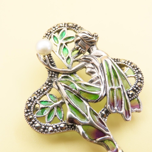 475 - Art Nouveau Style Plique Enamel and Pearl Set Silver Fairy Brooch or Pendant 6cm High