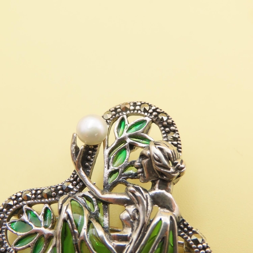 475 - Art Nouveau Style Plique Enamel and Pearl Set Silver Fairy Brooch or Pendant 6cm High