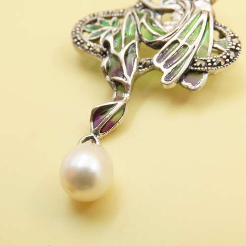 475 - Art Nouveau Style Plique Enamel and Pearl Set Silver Fairy Brooch or Pendant 6cm High