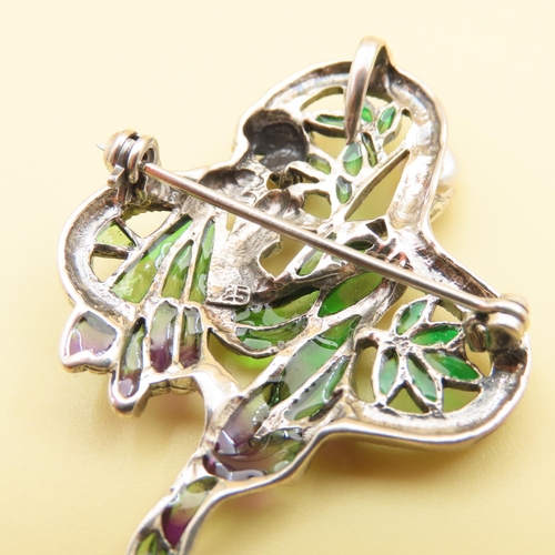 475 - Art Nouveau Style Plique Enamel and Pearl Set Silver Fairy Brooch or Pendant 6cm High