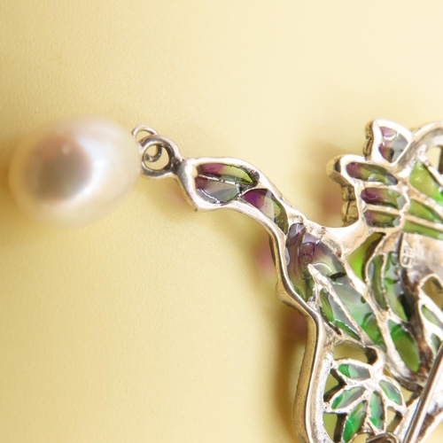 475 - Art Nouveau Style Plique Enamel and Pearl Set Silver Fairy Brooch or Pendant 6cm High