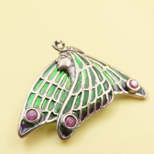 476 - Art Nouveau Style Plique Enamel and Ruby Set Silver Fairy Brooch 4cm Wide