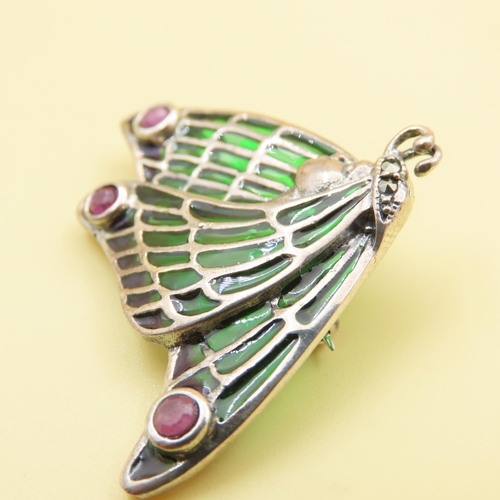 476 - Art Nouveau Style Plique Enamel and Ruby Set Silver Fairy Brooch 4cm Wide