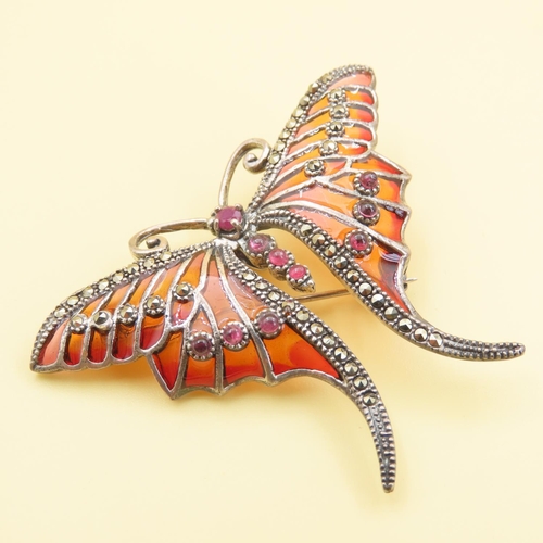 477 - Art Nouveau Style Plique Enamel and Ruby Set Silver Butterfly Brooch at 6cm Wide