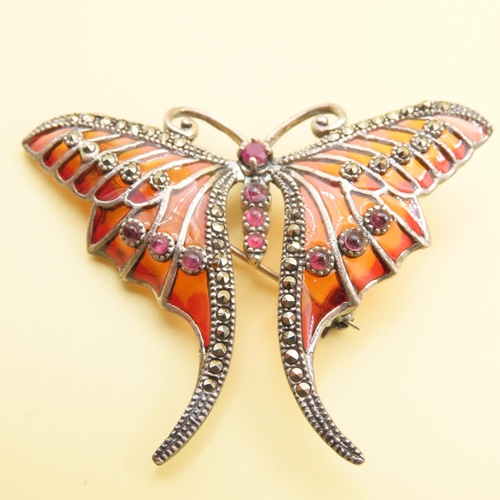 477 - Art Nouveau Style Plique Enamel and Ruby Set Silver Butterfly Brooch at 6cm Wide