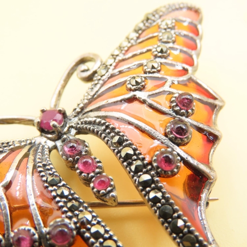 477 - Art Nouveau Style Plique Enamel and Ruby Set Silver Butterfly Brooch at 6cm Wide