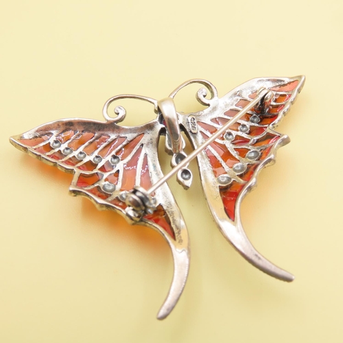 477 - Art Nouveau Style Plique Enamel and Ruby Set Silver Butterfly Brooch at 6cm Wide