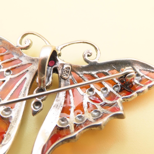 477 - Art Nouveau Style Plique Enamel and Ruby Set Silver Butterfly Brooch at 6cm Wide