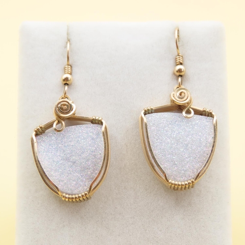 482 - Pair of Druzy Crystal Drop Earrings Set in 9 Carat Yellow Gold 4cm Drop