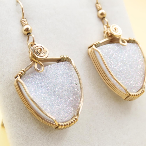 482 - Pair of Druzy Crystal Drop Earrings Set in 9 Carat Yellow Gold 4cm Drop