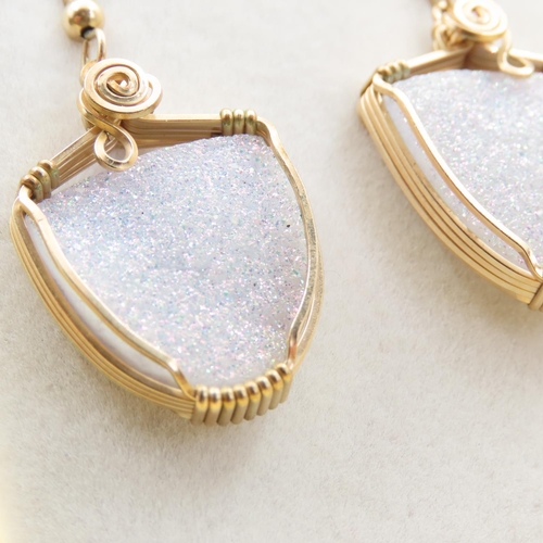 482 - Pair of Druzy Crystal Drop Earrings Set in 9 Carat Yellow Gold 4cm Drop