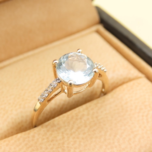 490 - Round Cut Aquamarine Center Stone Ring with Further Diamonds Set to Shoulders Mounted on 10 Carat Ye... 