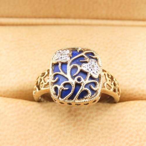 492 - Lapis Lazuli and Diamond Set Vine Design Ring Mounted on 9 Carat Yellow Gold Band Size P