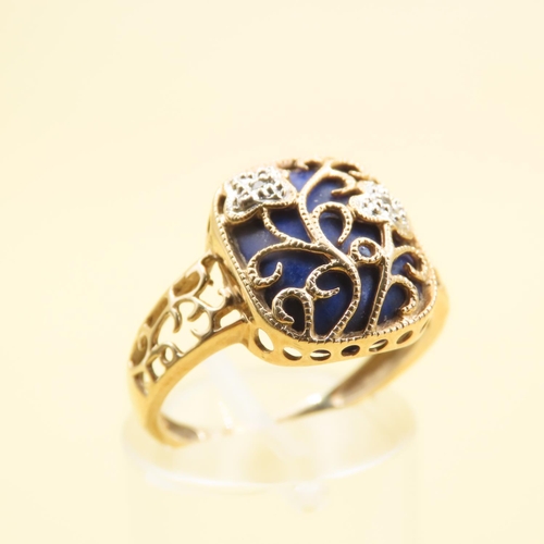 492 - Lapis Lazuli and Diamond Set Vine Design Ring Mounted on 9 Carat Yellow Gold Band Size P