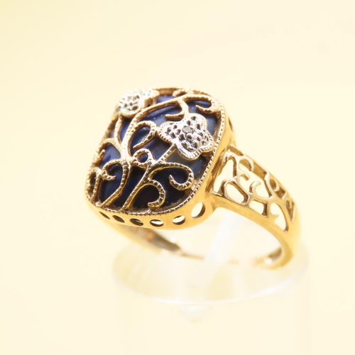 492 - Lapis Lazuli and Diamond Set Vine Design Ring Mounted on 9 Carat Yellow Gold Band Size P