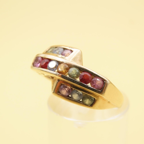 493 - Tutti Frutti Three Row Ring Mounted on a 9 Carat Yellow Gold Band Size P