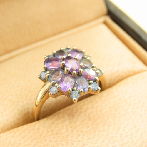 Amethyst and Tourmaline Floral Design Cluster Ring Mounted on 9 Carat Yellow Gold Band Size M