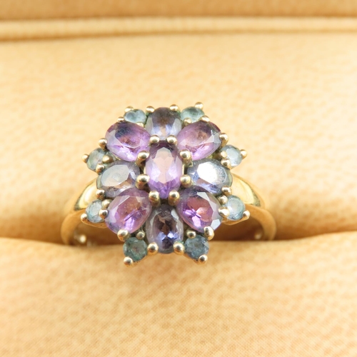 494 - Amethyst and Tourmaline Floral Design Cluster Ring Mounted on 9 Carat Yellow Gold Band Size M