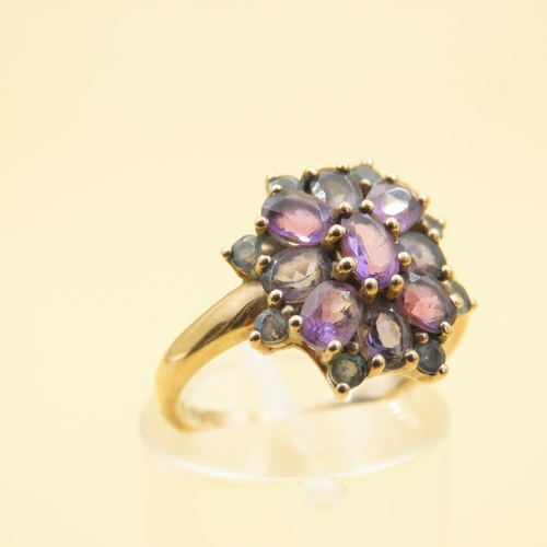 494 - Amethyst and Tourmaline Floral Design Cluster Ring Mounted on 9 Carat Yellow Gold Band Size M