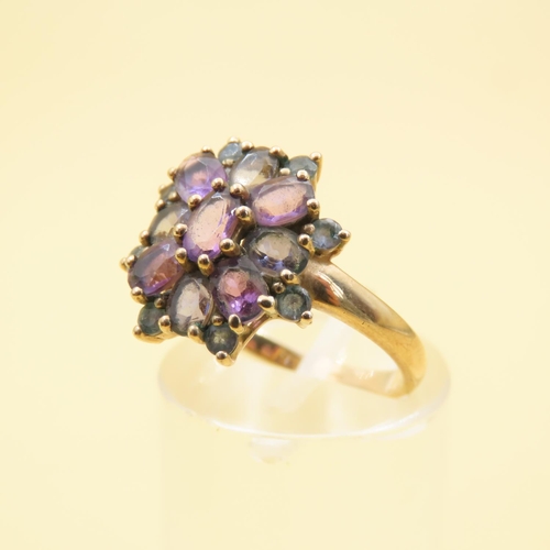 494 - Amethyst and Tourmaline Floral Design Cluster Ring Mounted on 9 Carat Yellow Gold Band Size M